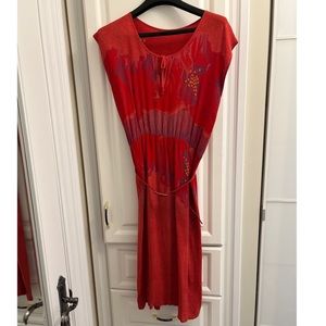 HP❤️Women’s Red Vintage Abstract Wayne Clark Tuscan Style Pleated Dress Sz 8